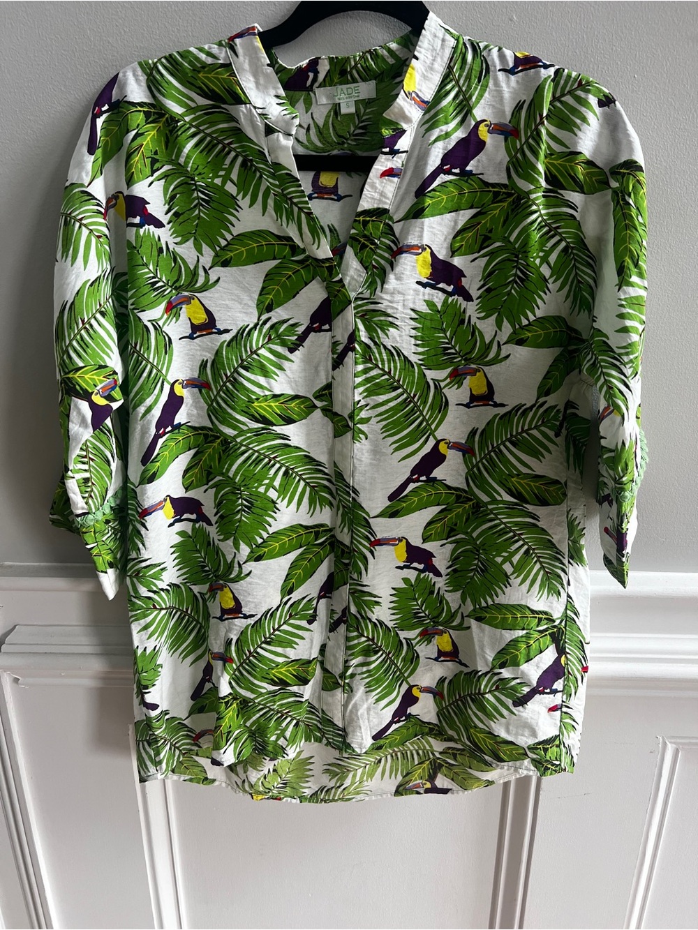 Jade White Shirt with Green Palm and Purple Toucan Print
